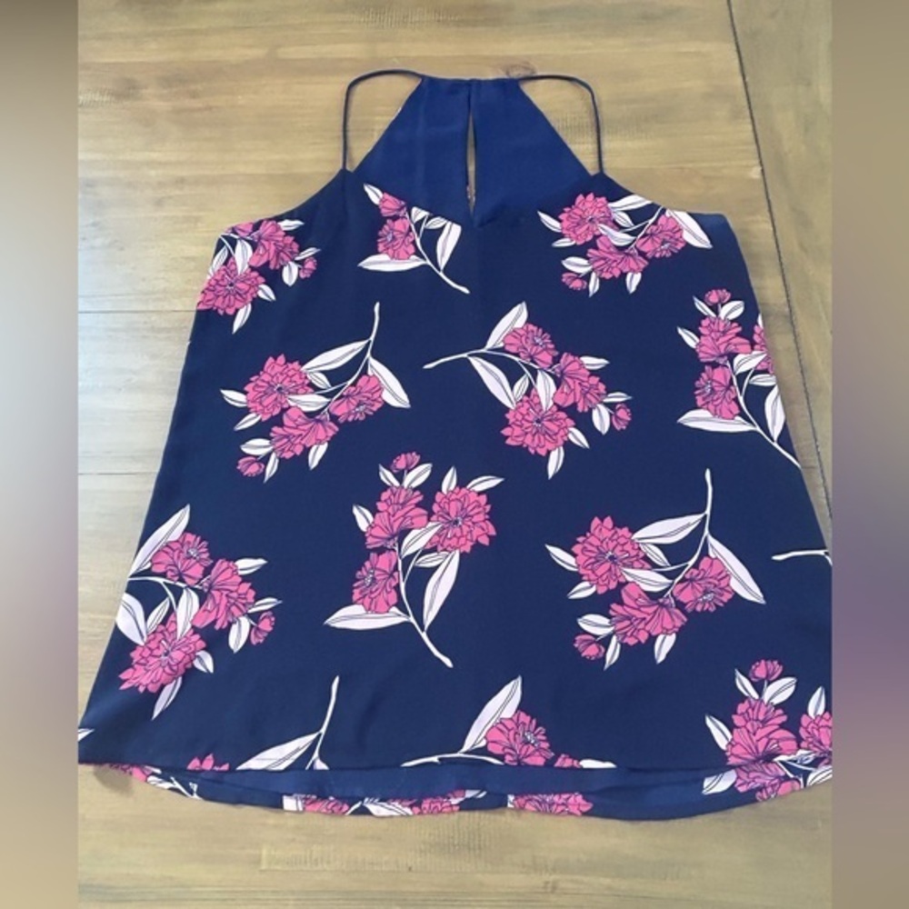 Navy Floral Halter Tank Top - Pink Flower Print
